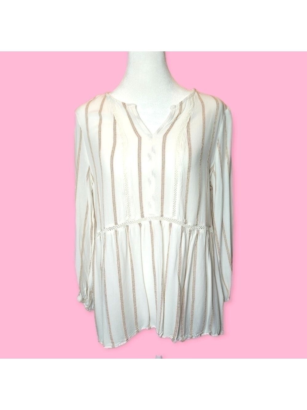 Boho Striped Peasant Blouse Lace Trim Flowy Cottagecore Tunic